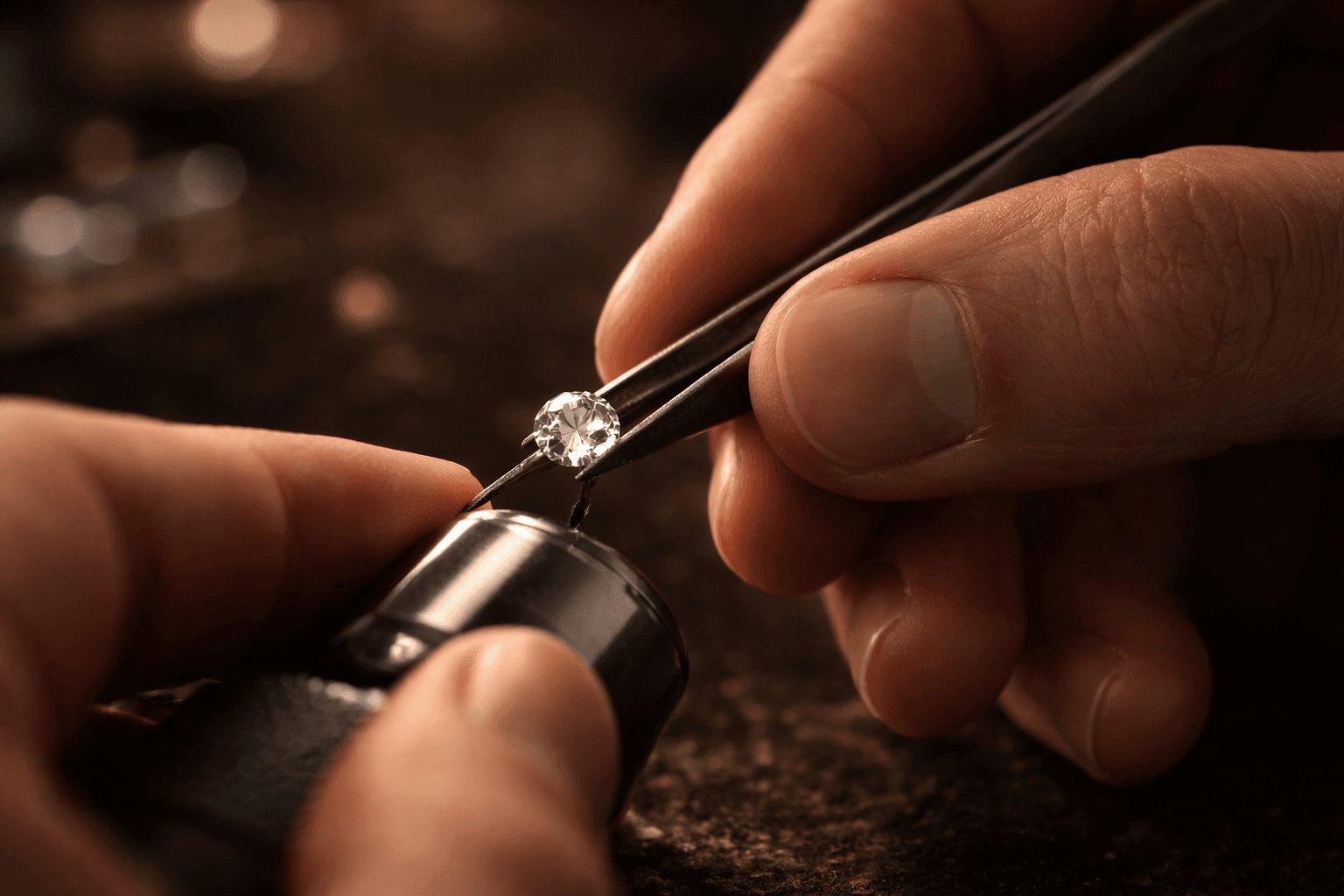 Jeweller's hands holding a loose diamond with precision tools
