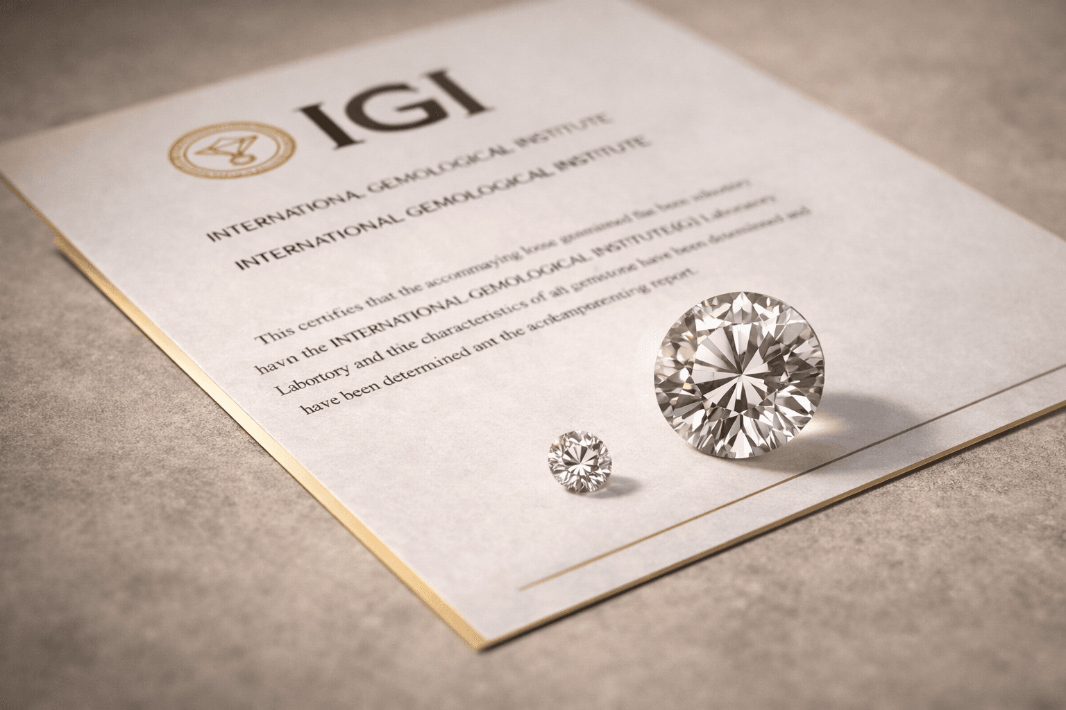 Loose diamonds beside an IGI certificate on a neutral luxury surface