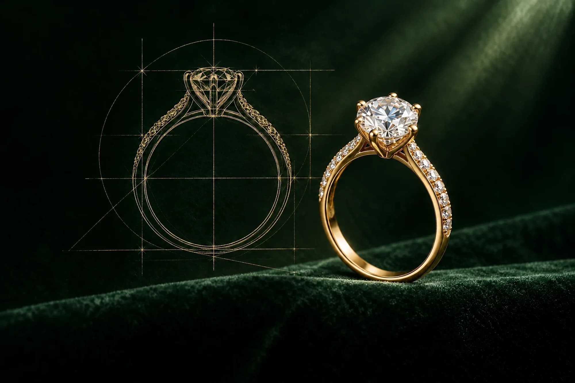 A gold diamond ring beside its technical design sketch on deep green velvet