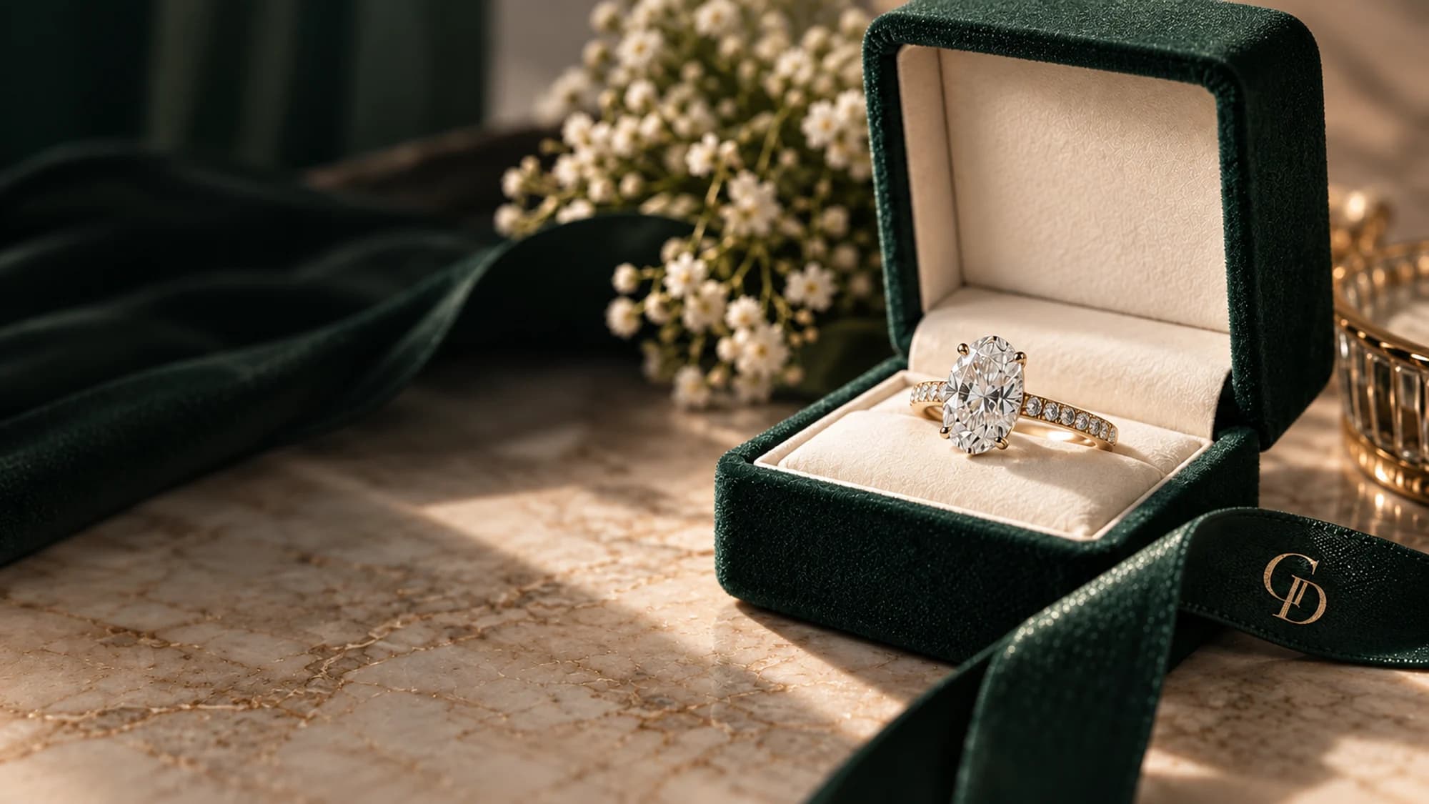 Oval diamond engagement ring in a dark green velvet ring box